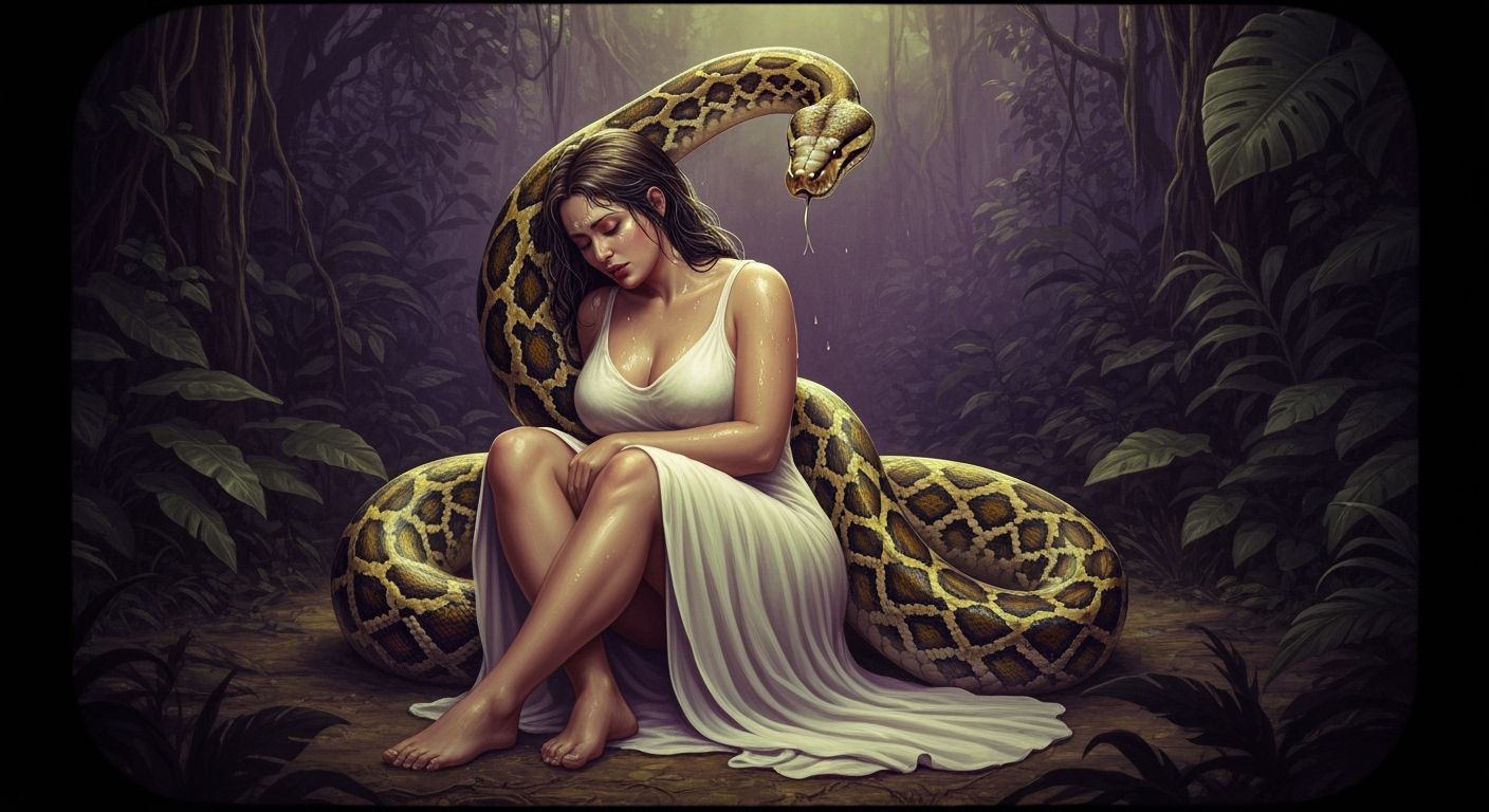 Goddess Ensnared by Giant Python in Dark Fantasy Jungle