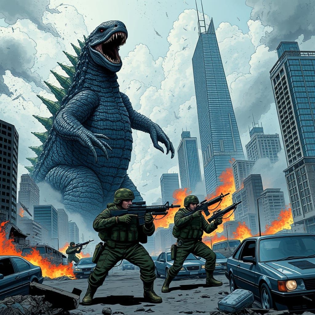 Kaiju Wrecks Modern City in Cyberpunk Apocalypse