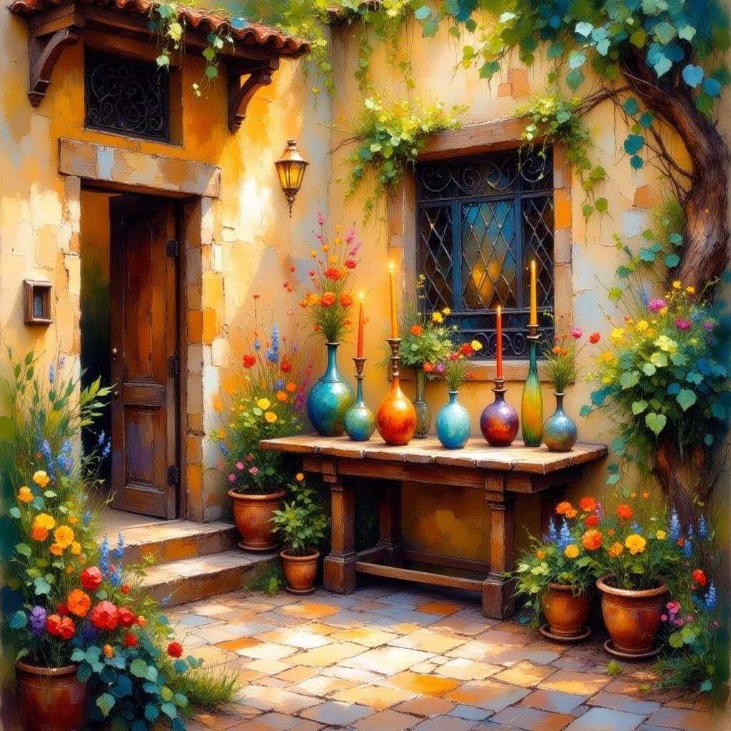 Mediterranean Courtyard at Dusk in Naive Art Style