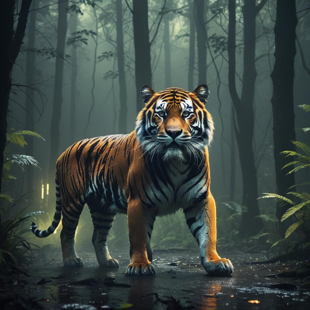 Neon Tiger in Misty Forest, Film Noir Style