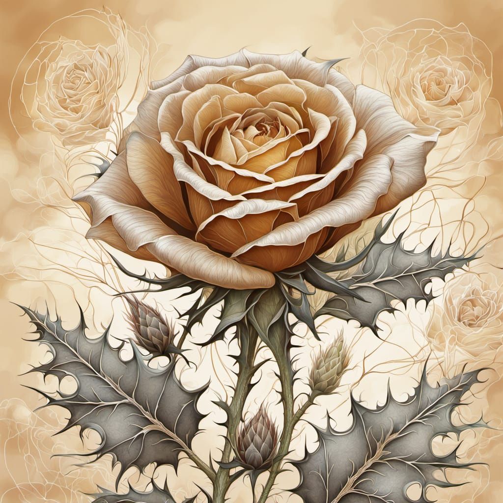 Rose and Thistle: Ethereal Line Art Illustration
