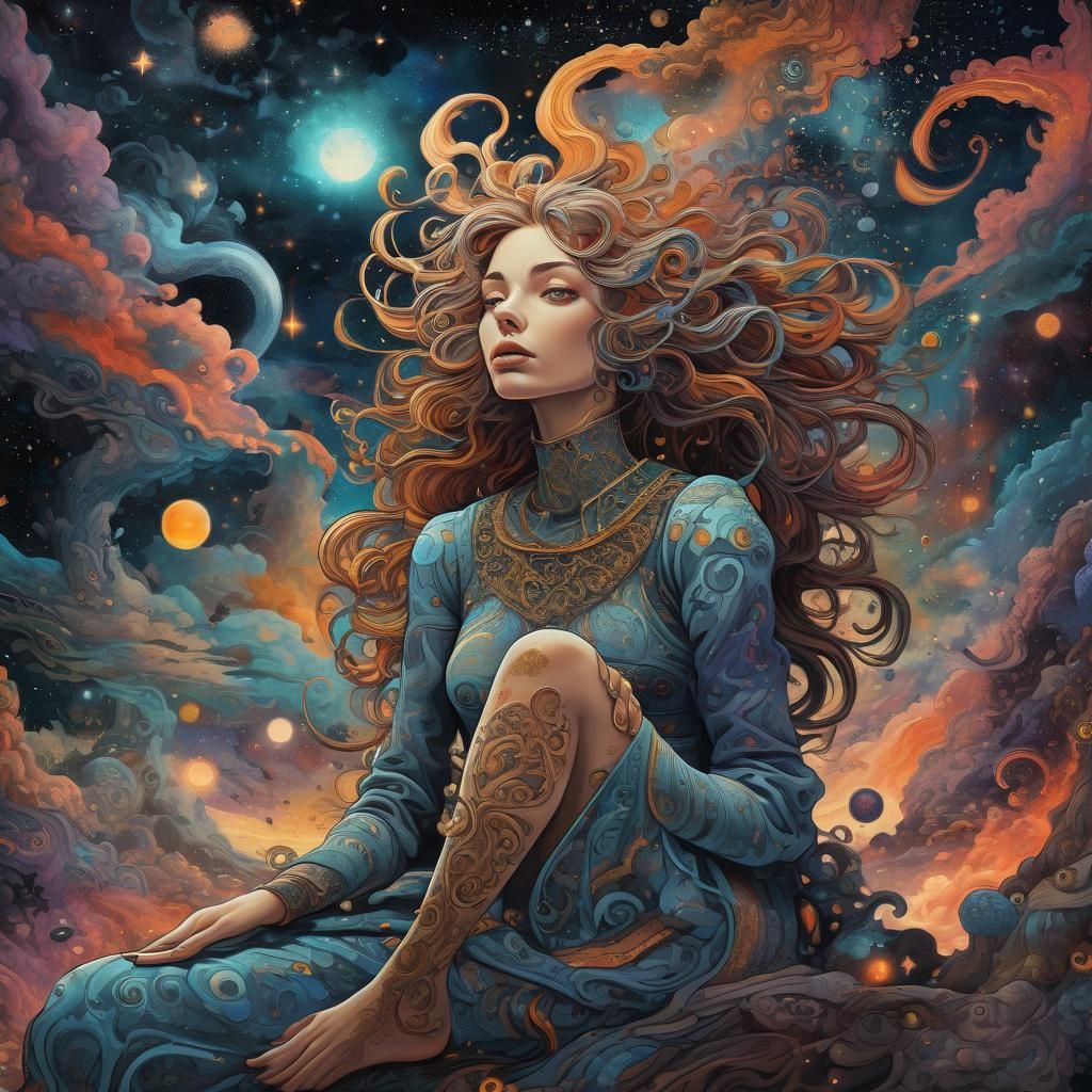 Melancholic Woman in Cosmic Surrealism