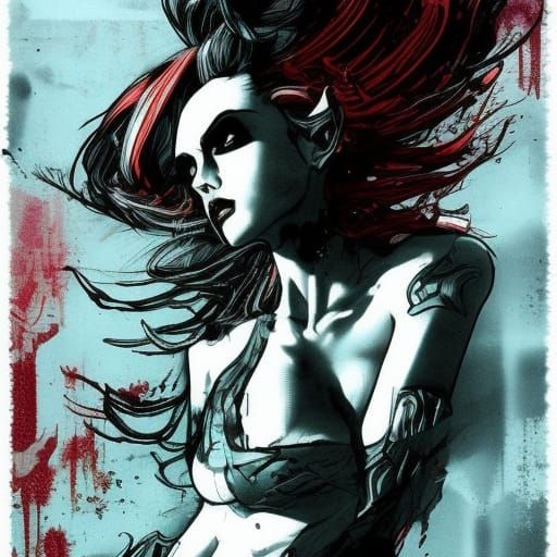 Fire Elf in Inkpunk Style with Gothic Elements