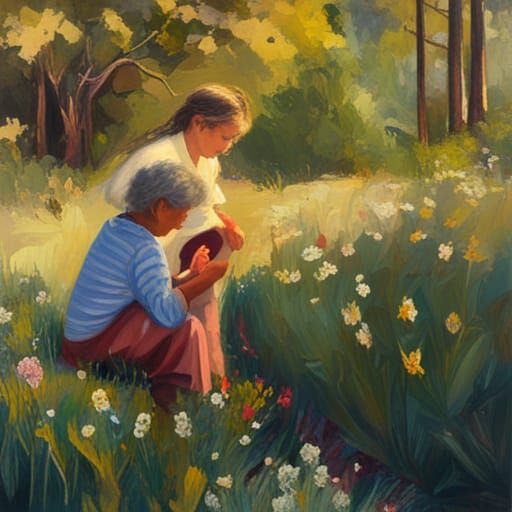 Grandmother and Grandchild Picking Wildflowers as Oil Painti...