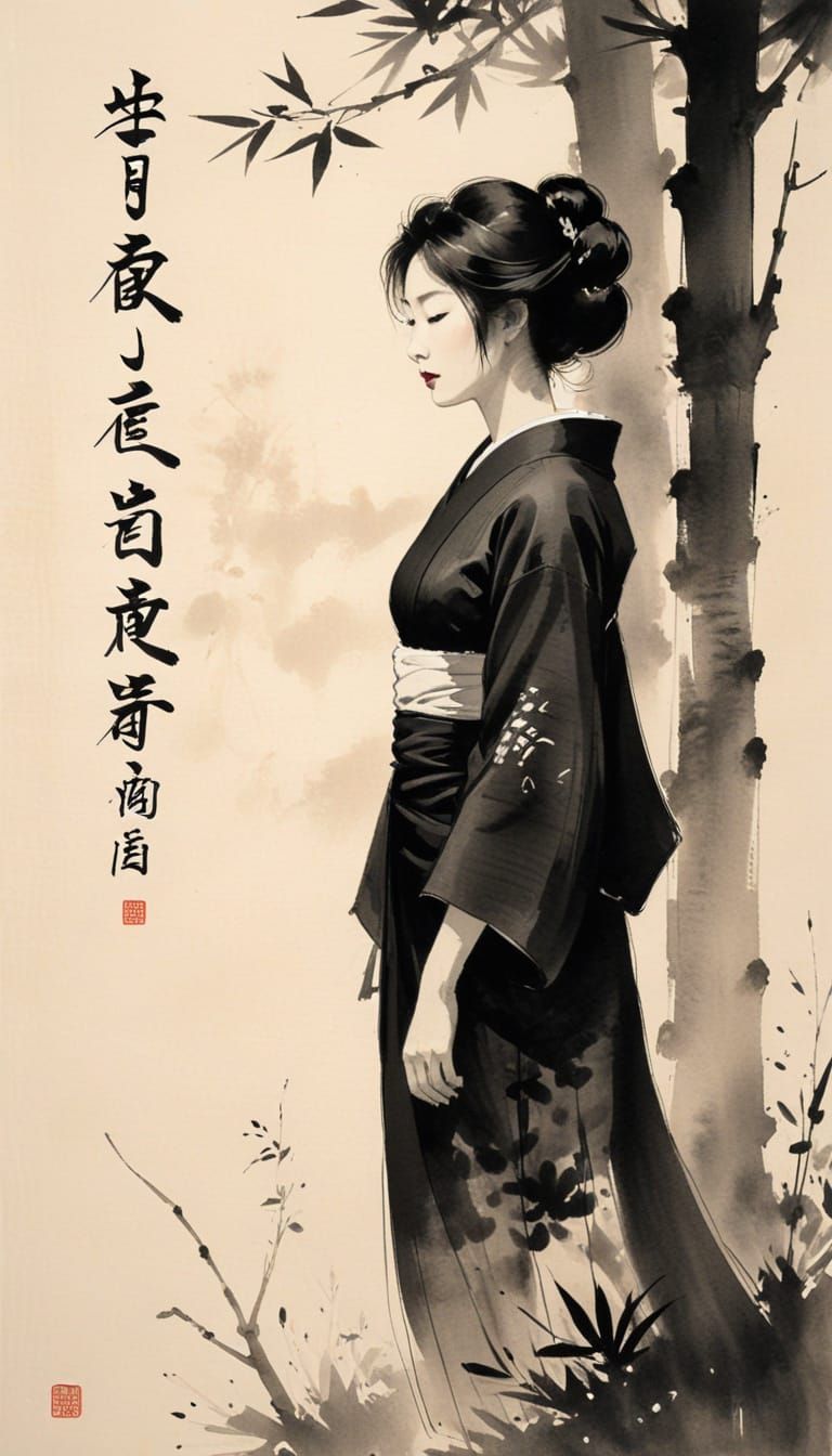 Serene Japanese Woman in Forest Sumi-e Painting