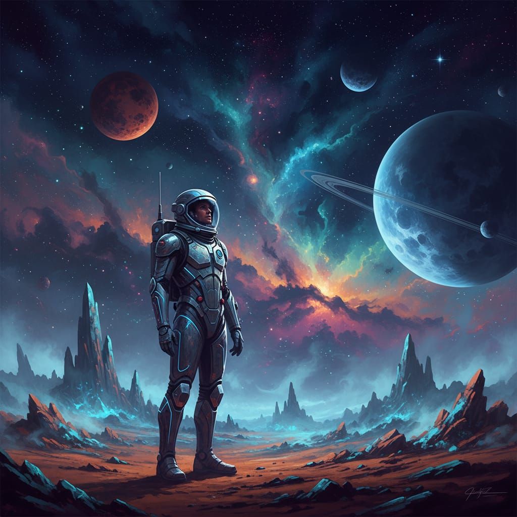 Astronaut on Alien Planet Gazing at Twin Moons