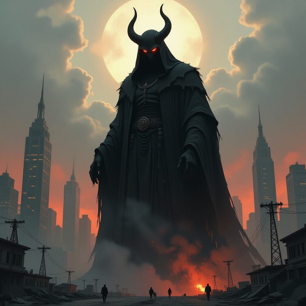 Gigantic Satan Wreaking Havoc in Apocalyptic City