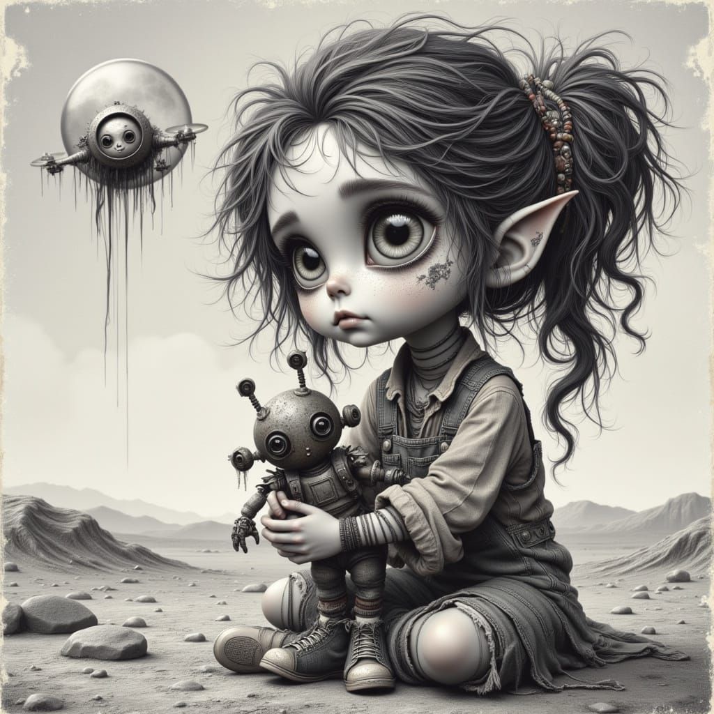 Lunar Rescue: Girl and Robot in Charcoal Style