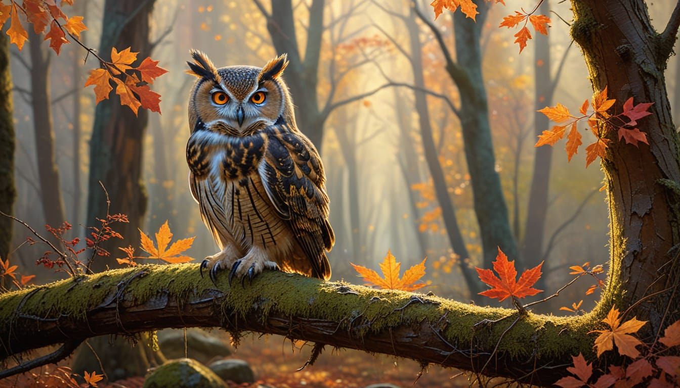 Impasto Owl Painting in Vibrant Autumn Forest