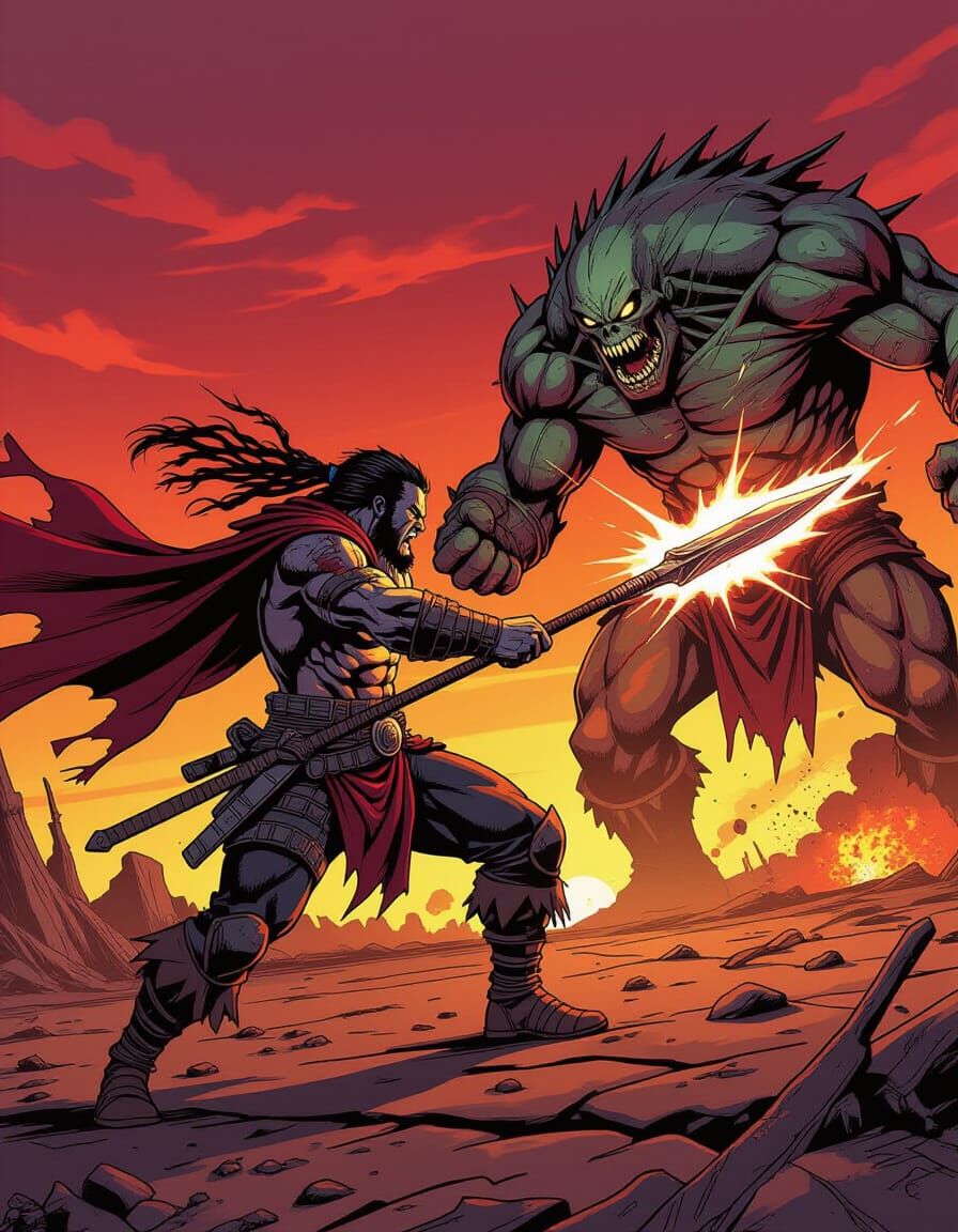 Post-Apocalyptic Barbarian in Intense Battle, Comic Cover Ar...