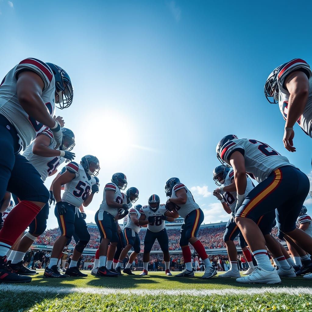 Football Team Huddle from a Dramatic Low Angle