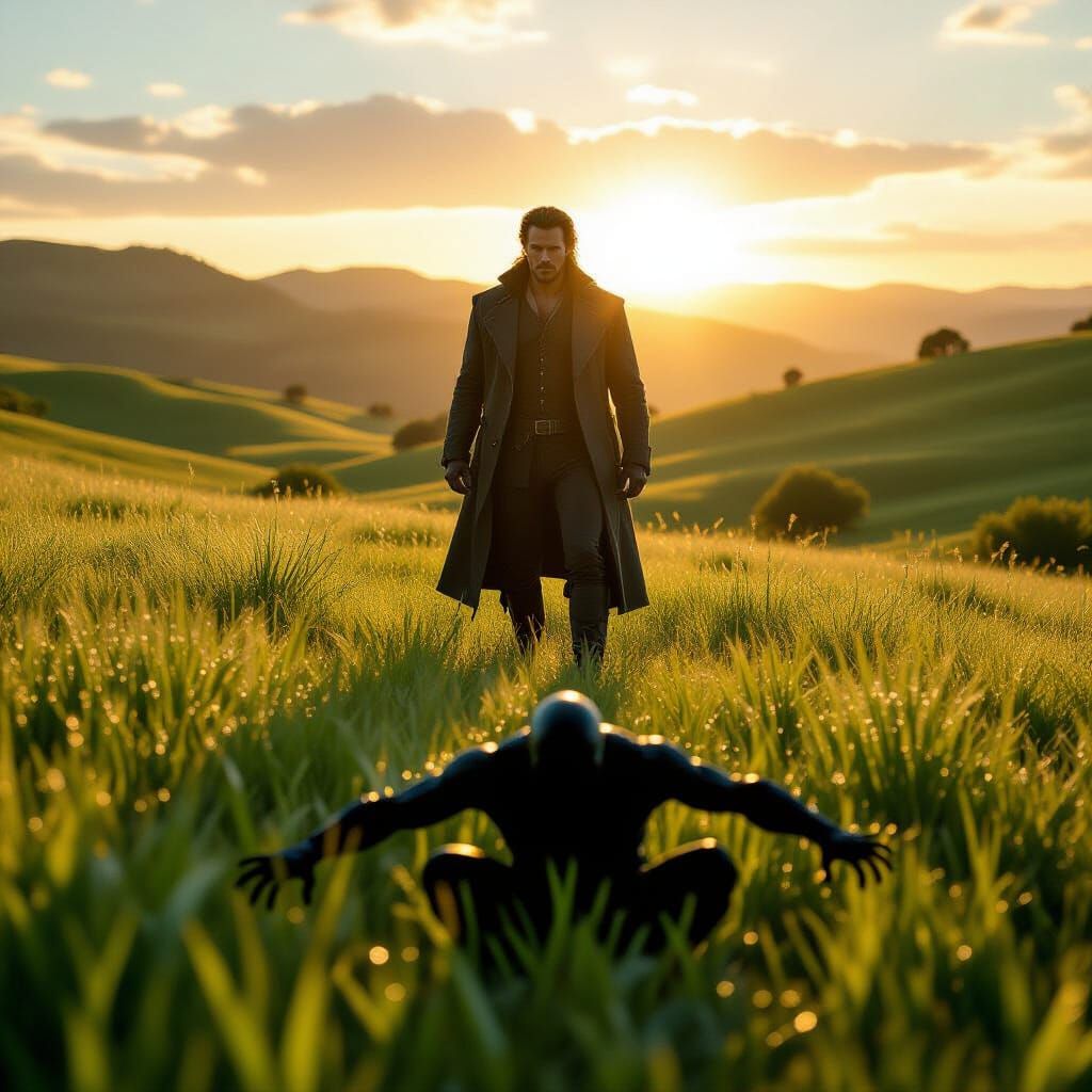 Heroic Figure in Meadow with Eerie Shadow, Cinematic Style