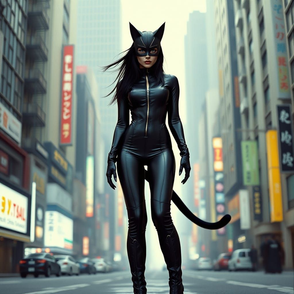 Empowered Femme Fatale in Dystopian Tokyo Cityscape