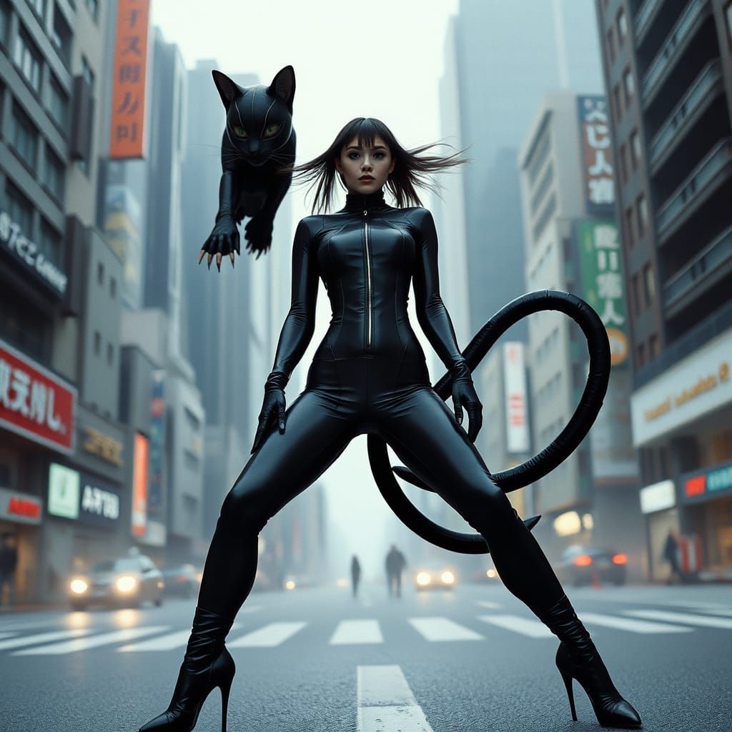 Empowered Femme Fatale in Dystopian Tokyo Cityscape