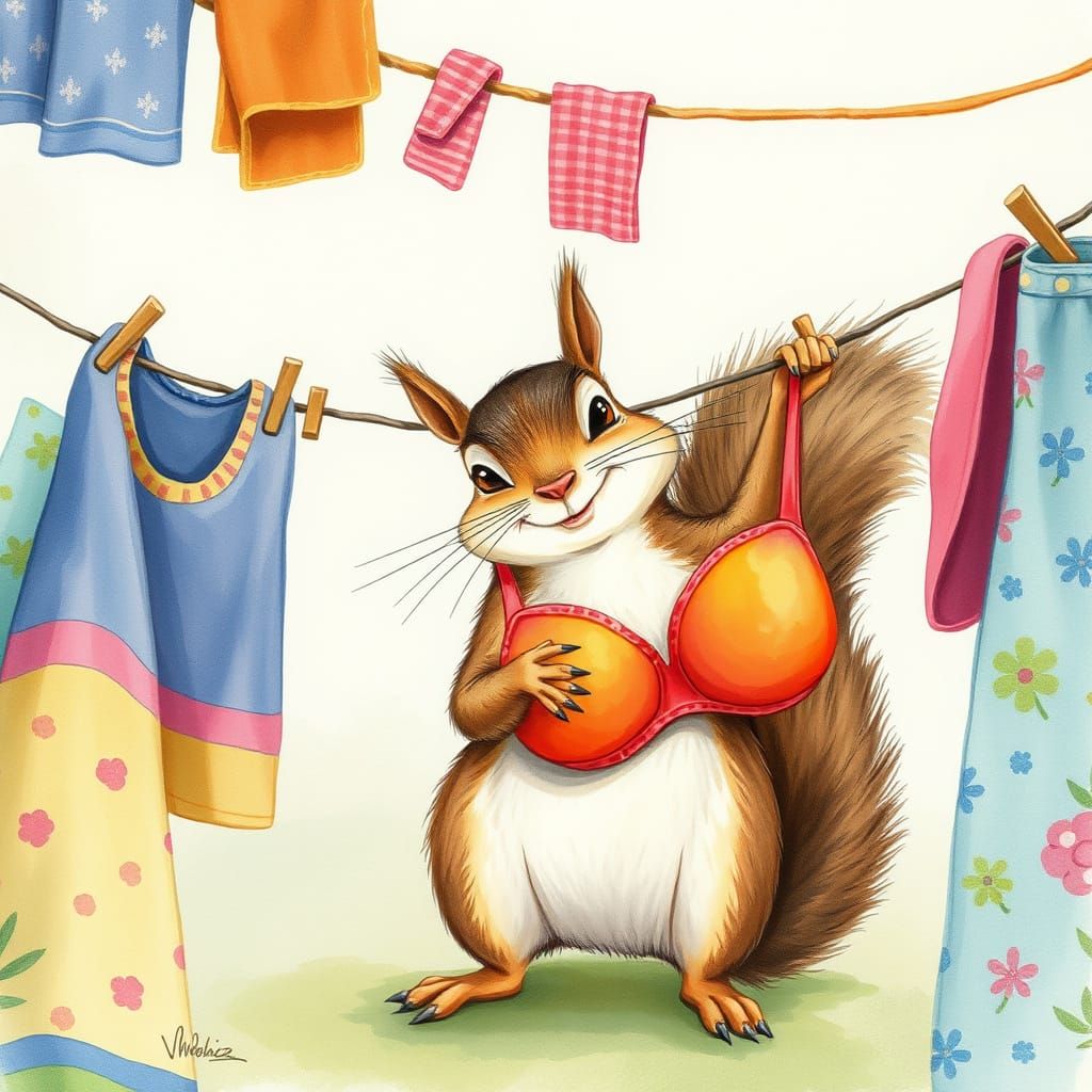 Mischievous Squirrel Steals Bra in Whimsical Art Style