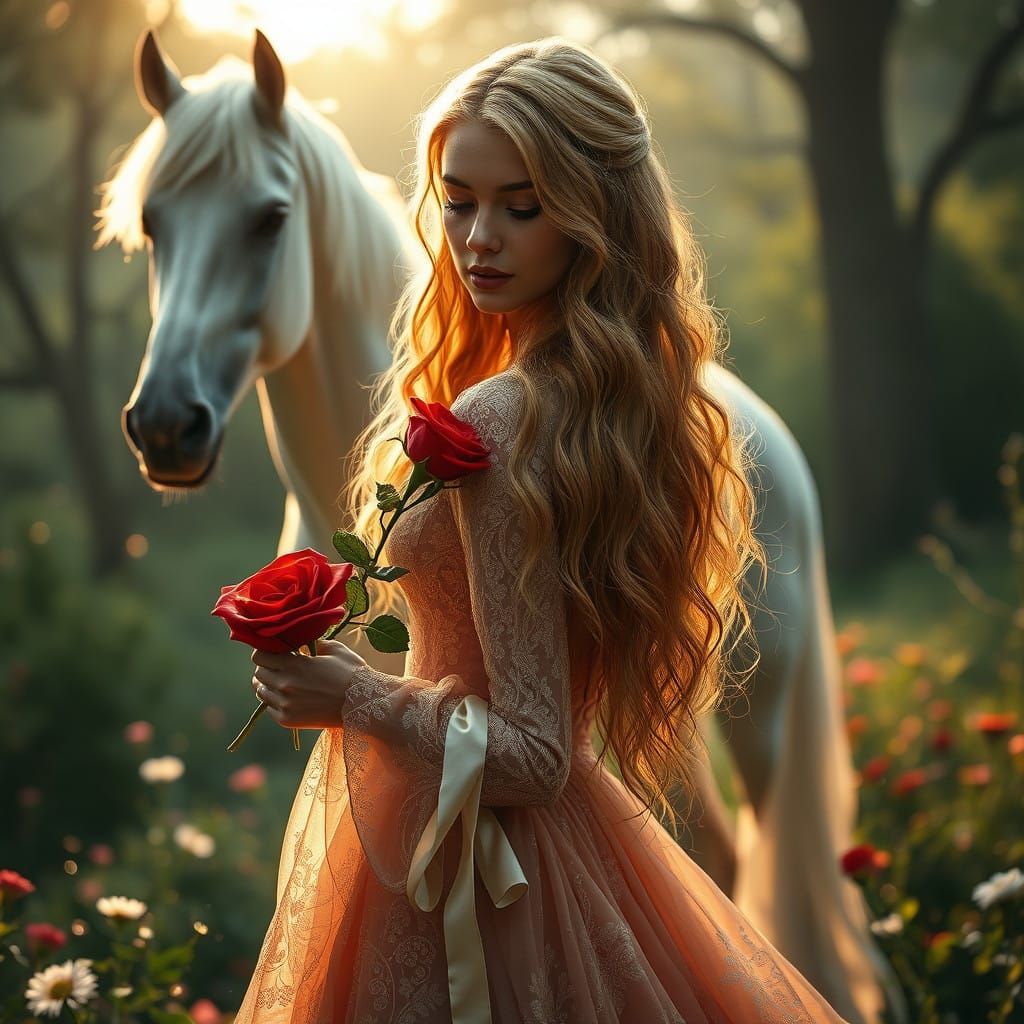 Honey-gold hair and ruby red roses