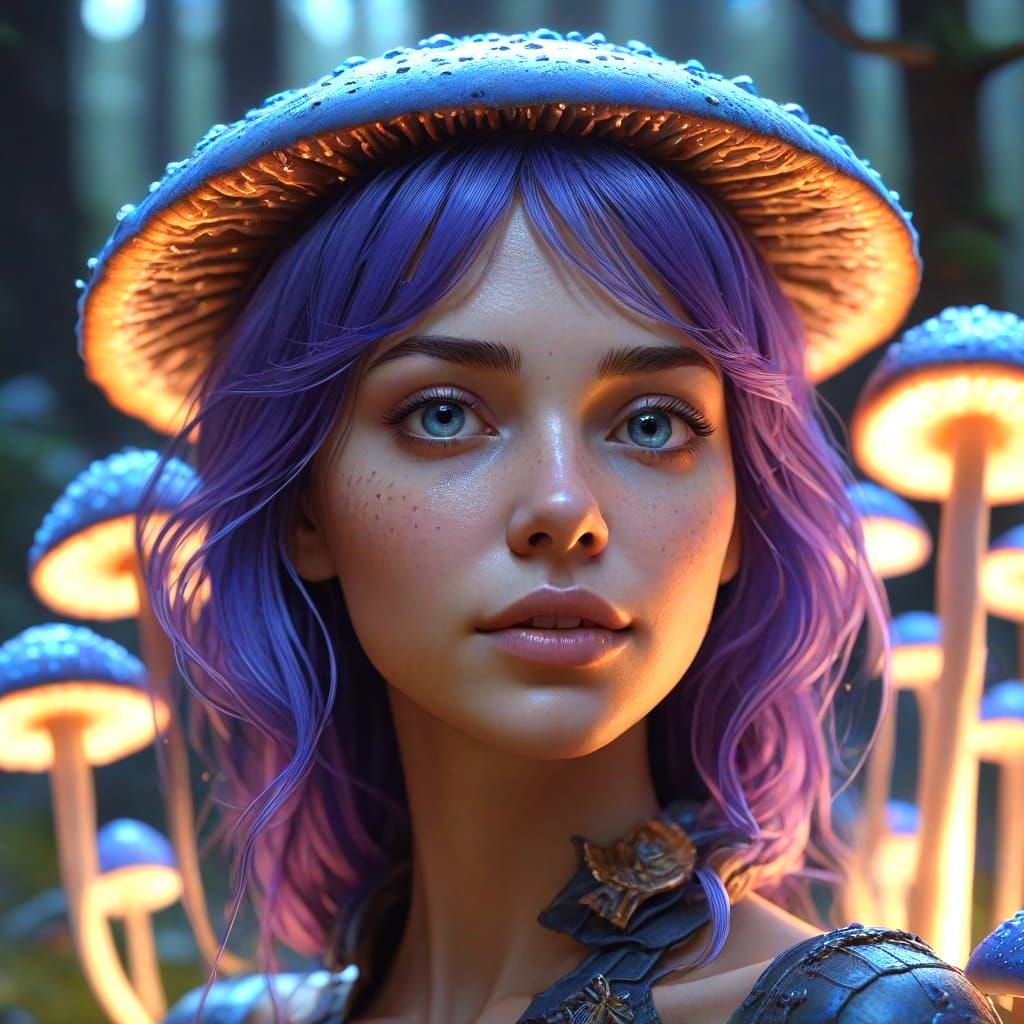Bioluminescent Starlight Woman Overlooking Glowing Mushroom ...