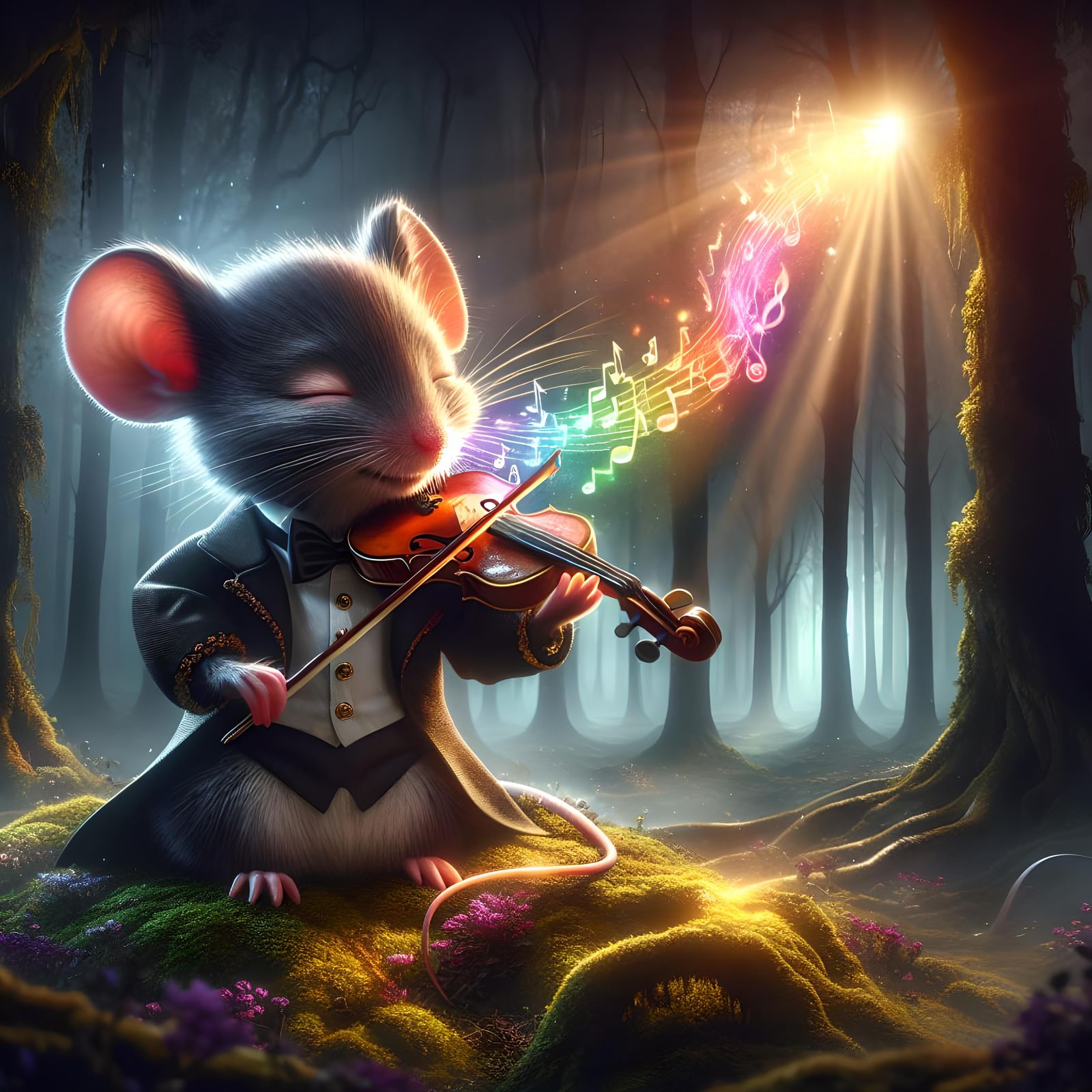 Mouse Violinist in Enchanted Forest, Digital Painting