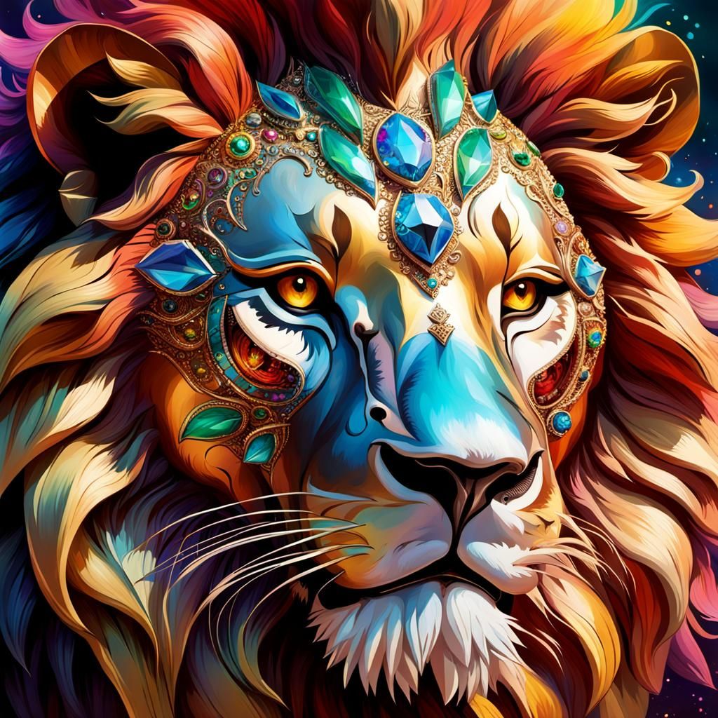 Lion Adorned with Jeweled Mask: Hyperrealistic Concept Art