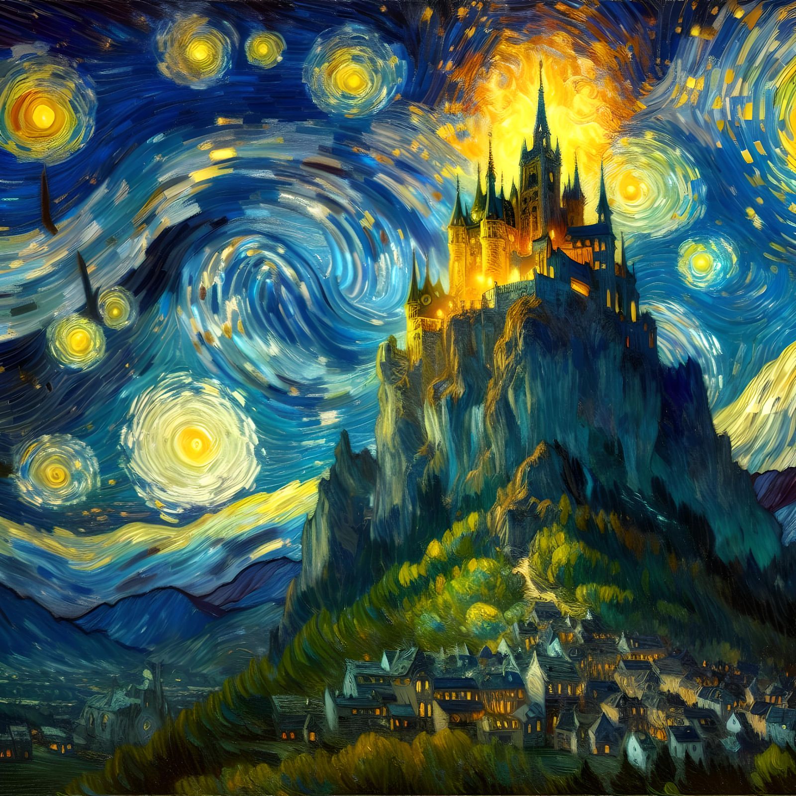 Enchanted Castle Under Starry Night Sky