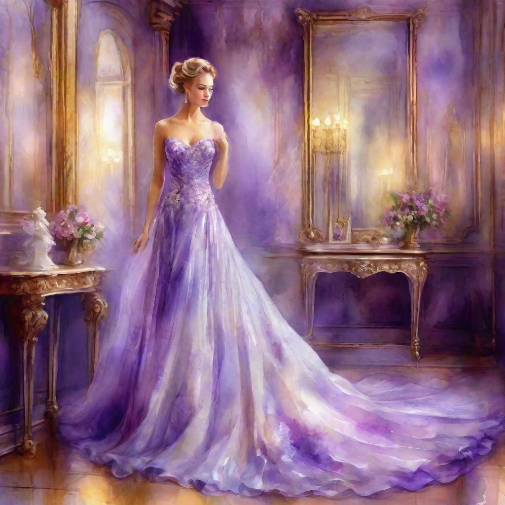 Ethereal Lady in Silky Gown, Digital Watercolor Painting