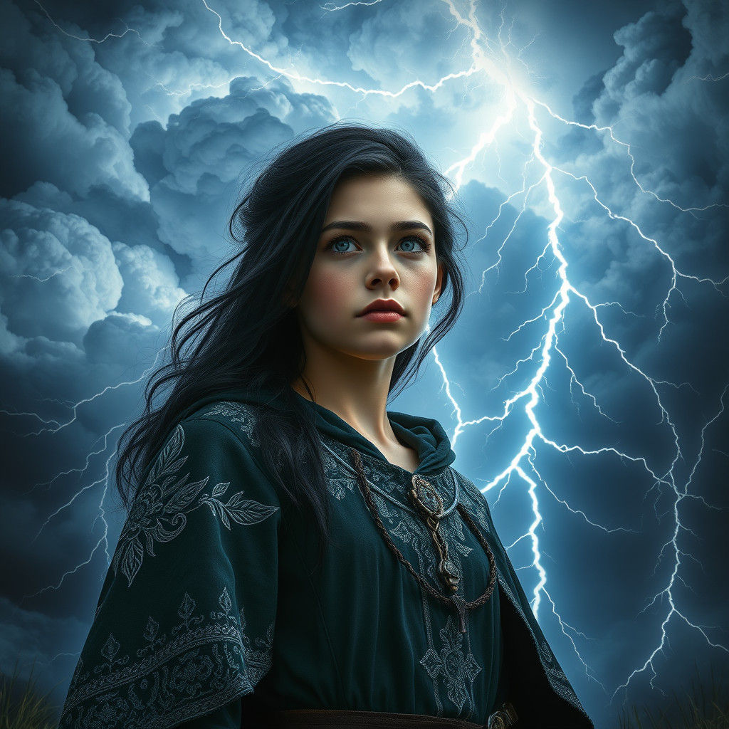 Teen Heroine Faces Lightning Storm in Hyperrealism Style