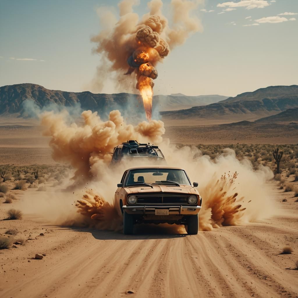 Explosive Desert Car Chase: A Cinematic Film Still
