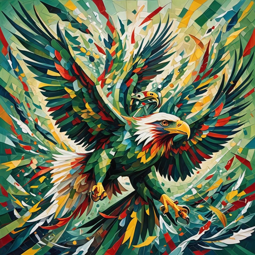 Eagle Captures Fish: Abstract Cubism Oil Painting