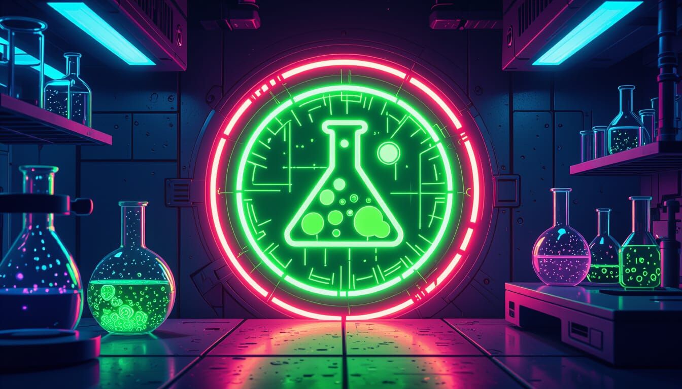 Futuristic Glowing Non-Toxic Symbol in Neon Laboratory