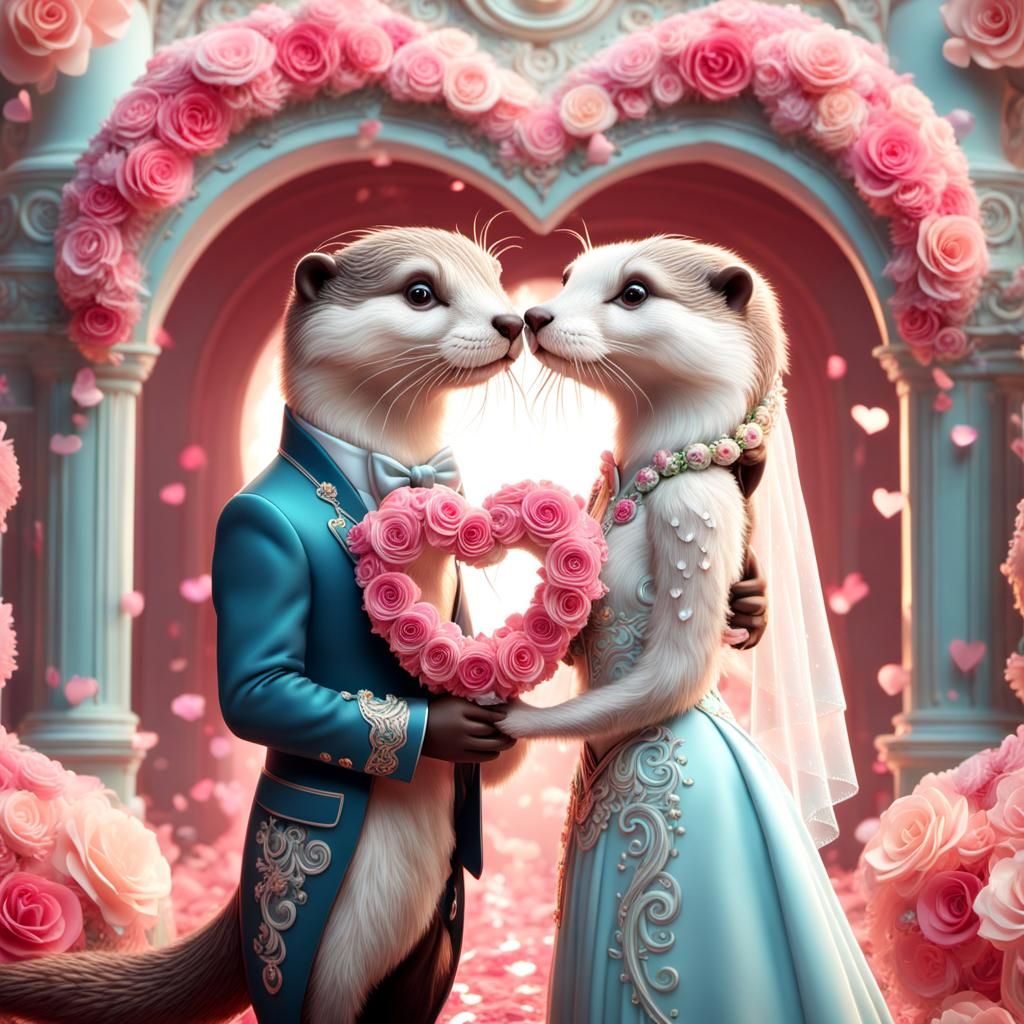Anthropomorphic Otter Wedding with Confetti
