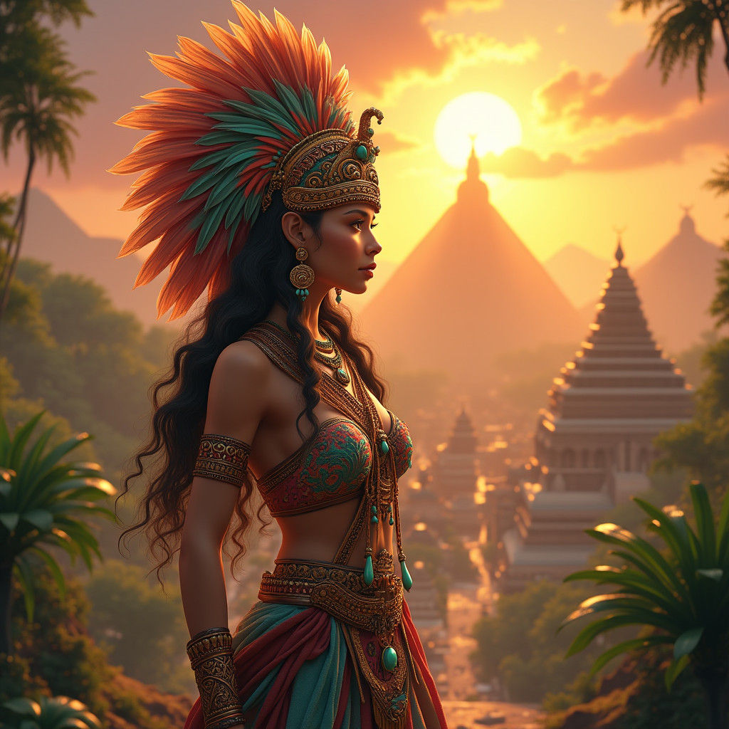 Aztec Princess in Golden City: Anime-Inspired 3D Art