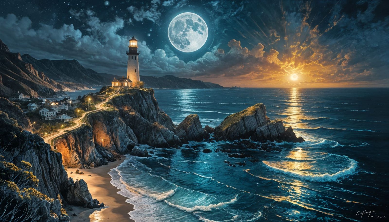 Lighthouse at Sunset in Rainstorm, Storybook Illustration