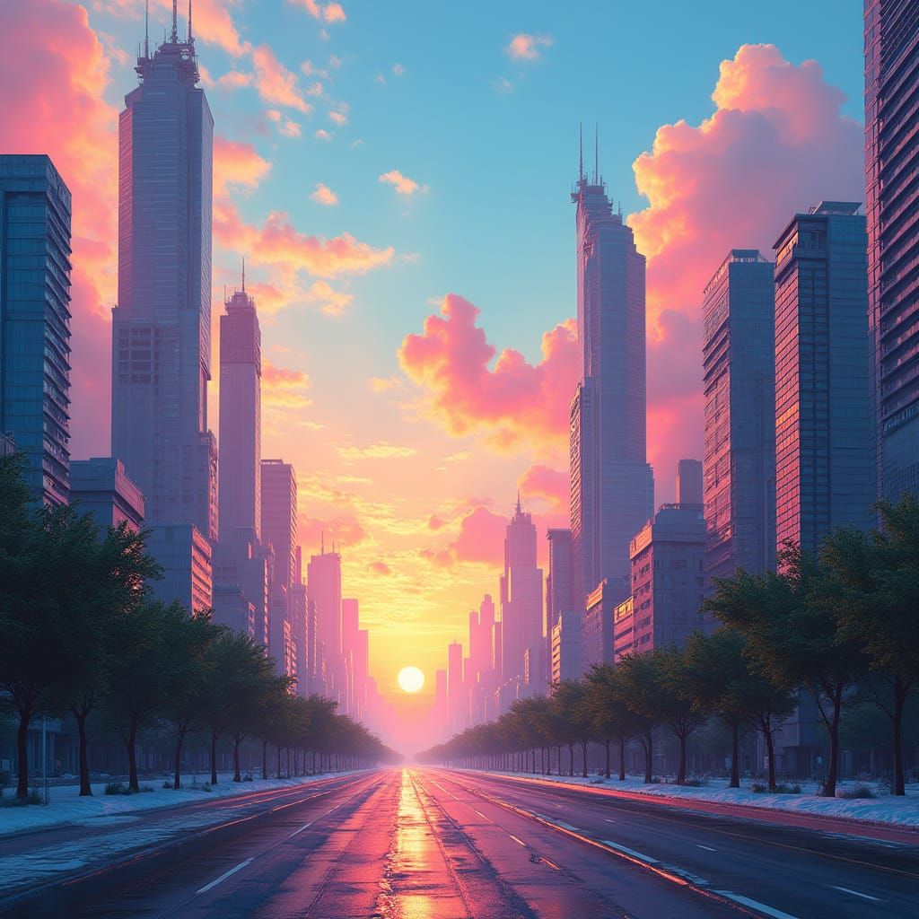 Surreal Sunrise Over a Melting Cityscape in Dreamlike Colors