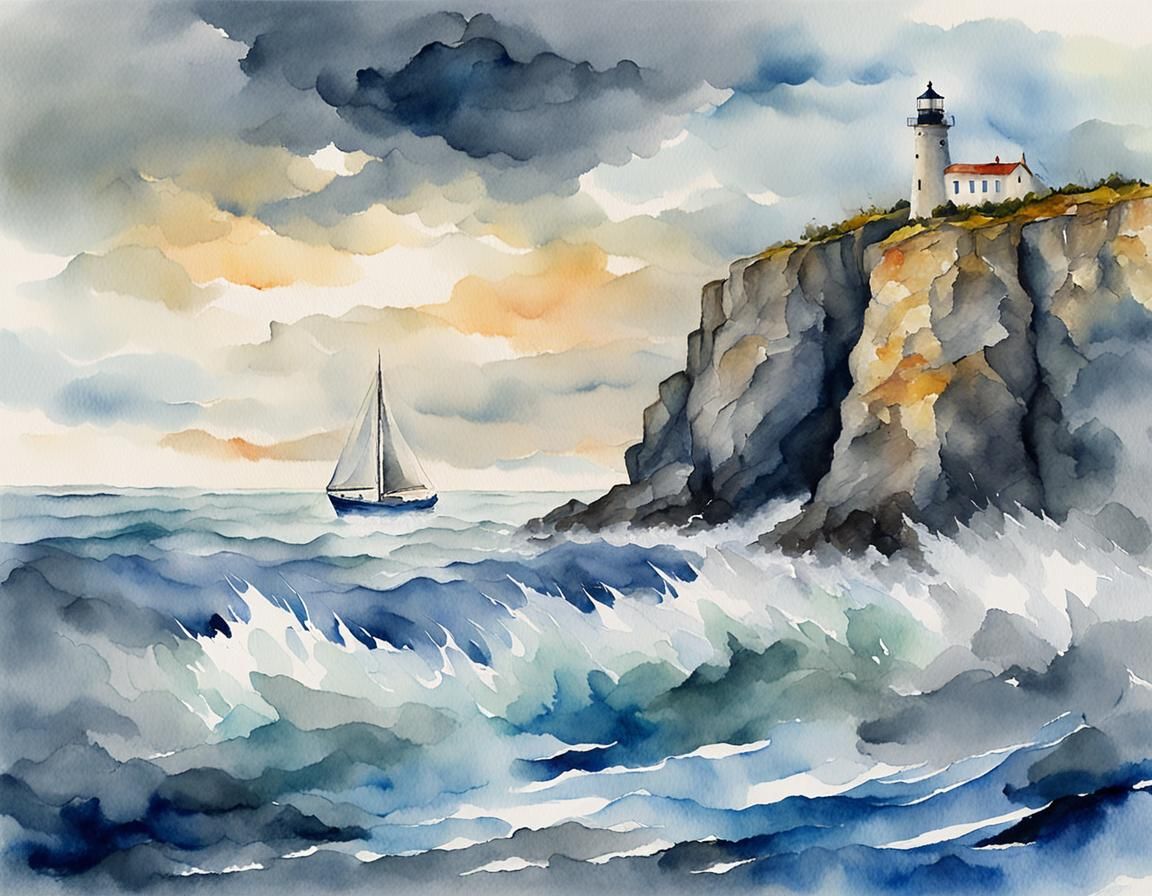 Impressionistic Watercolor Sailboat in Stormy Seas