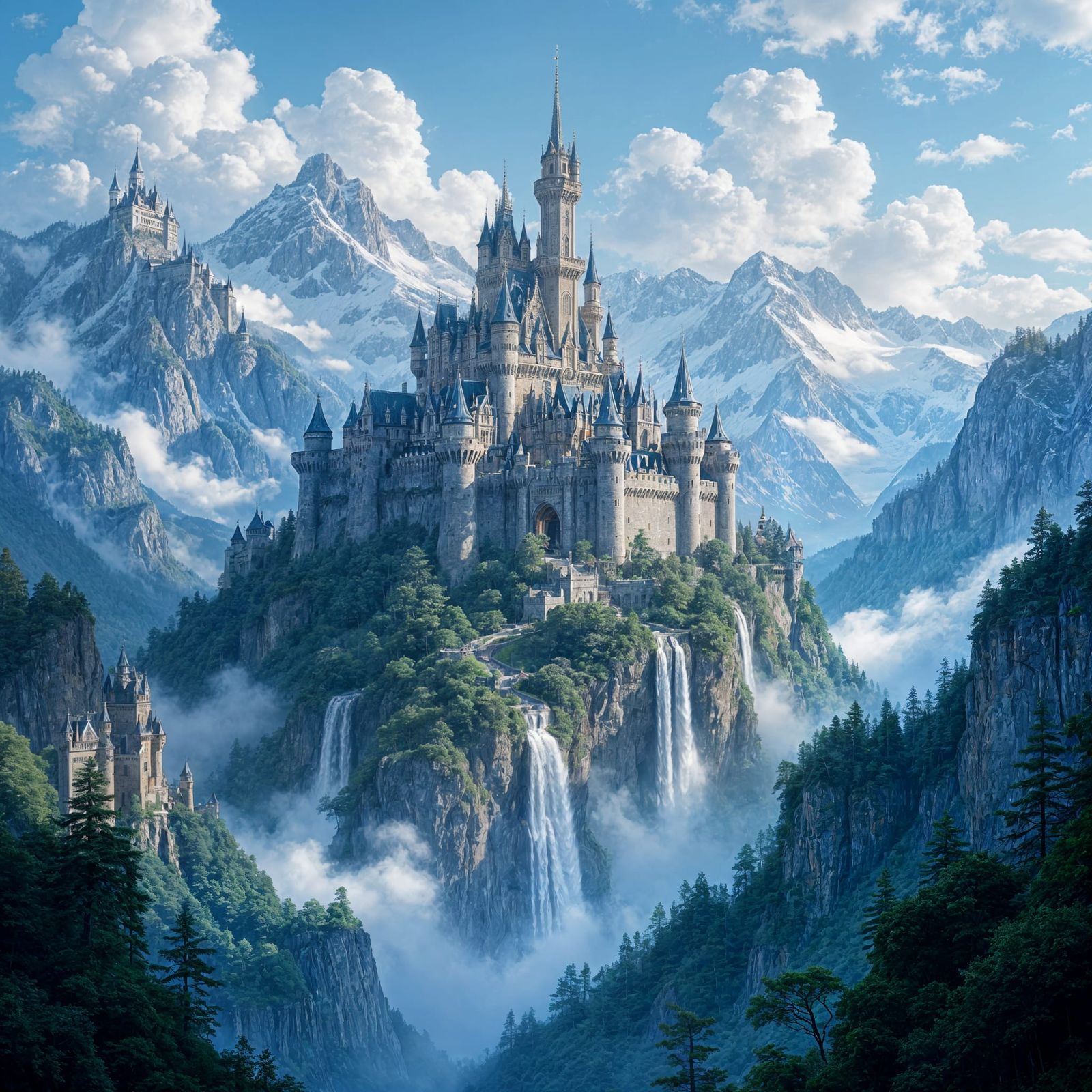Massive Castle On Mountain With Waterfalls and Forests
