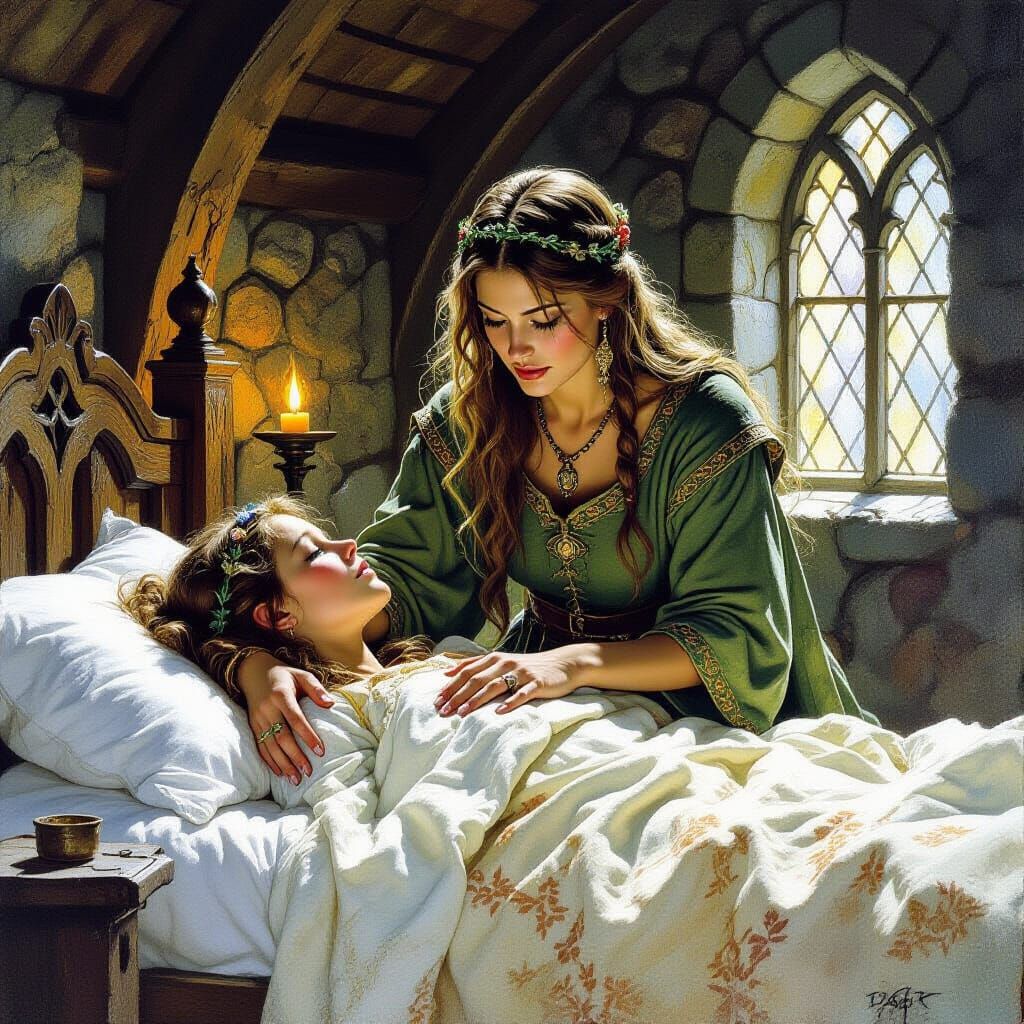 Druid Cares for Beggar in Frazetta Style