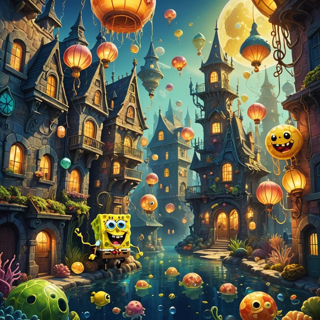 SpongeBob in a Vibrant Underwater City