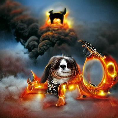Cartoon Dog Plays Guitar in Fiery Heavy Metal Concert