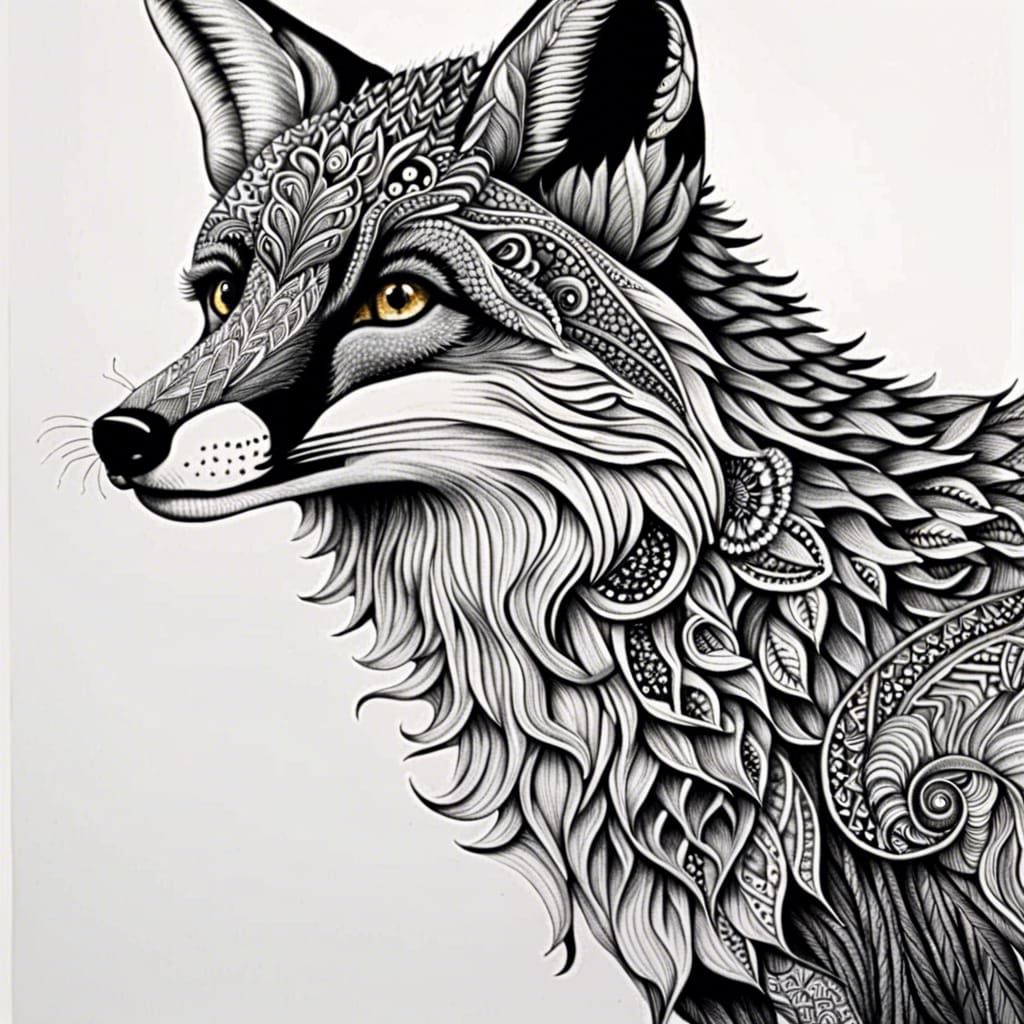 Detailed Zentangle Fox Pen Drawing