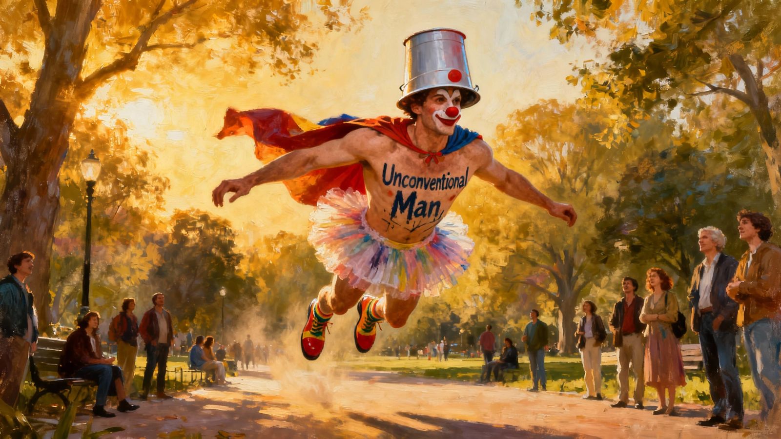 Unconventional Man Superhero in Tutu Flies Through Park