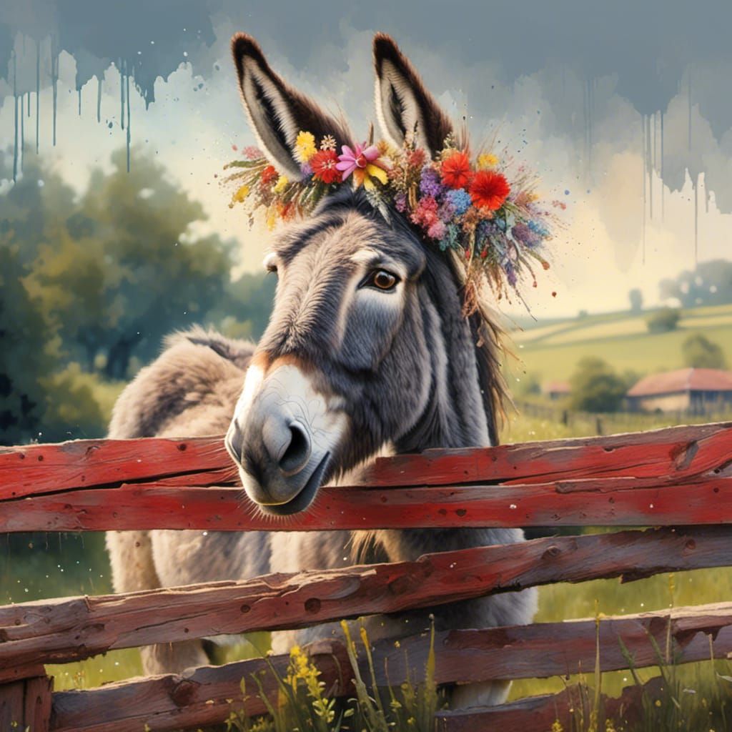 Donkey Portrait with Flower Crown in Watercolour and Oil