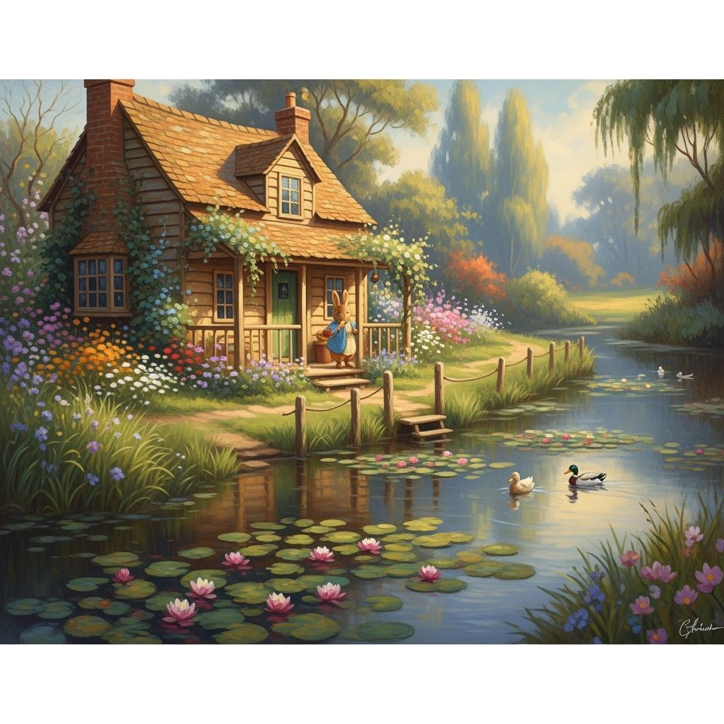 Charming River House with Water Lilies, Impressionistic Styl...