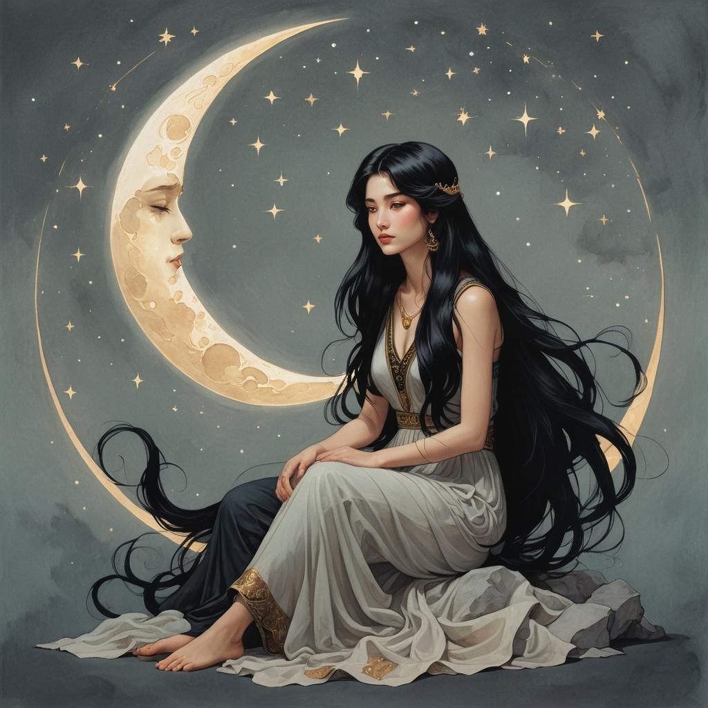 Woman on Glowing Moon Digital Art
