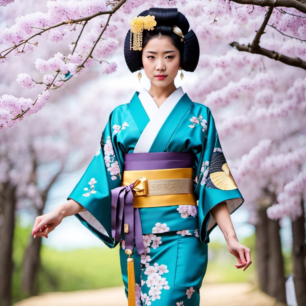 Realistic full-body picture of beautiful Japanese Maiko in teal kimono.....Changing color and also view changes π€