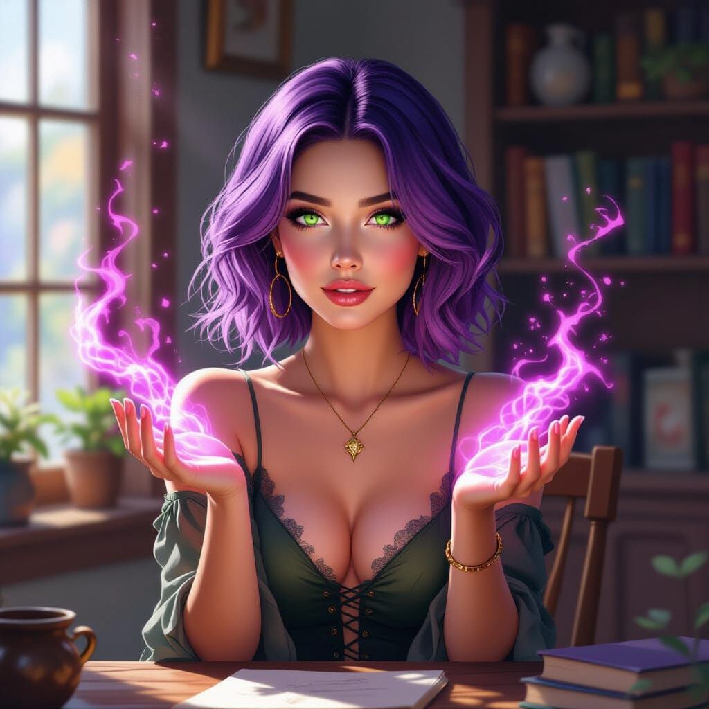 Beautiful Witch Casting Pink Magic in Realistic Style