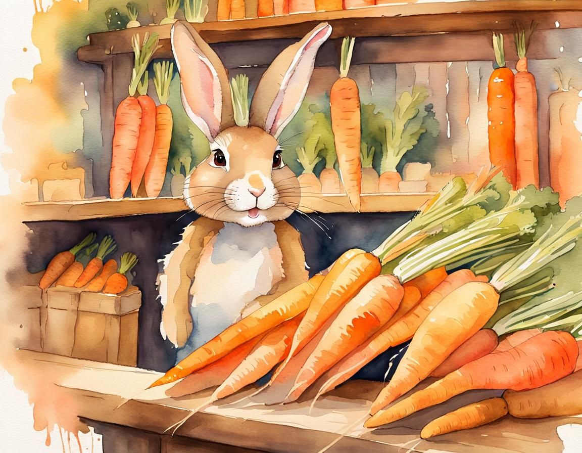 Rabbit Seller in Carrots Shop, Watercolor Painting