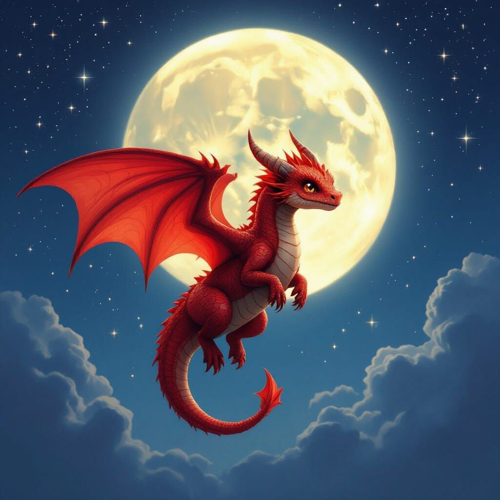 Ruby Dragon Soars Through Starry Night Sky