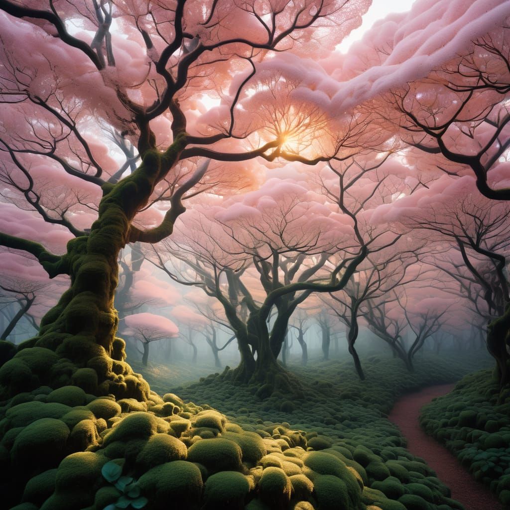 A luminous, dreamlike forest bathed in soft golden-pink ligh...