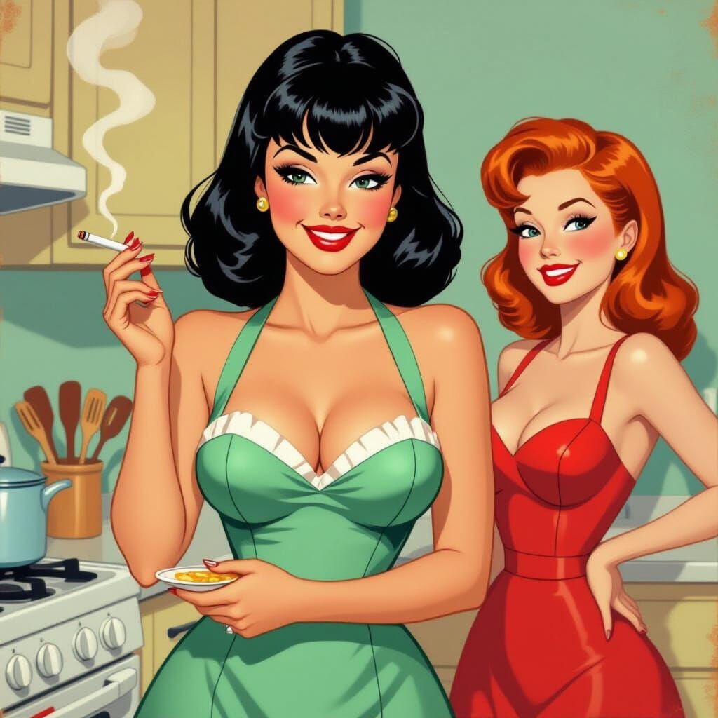 1950s Pinup Cartoon of Smirking Housewife with Cigarette