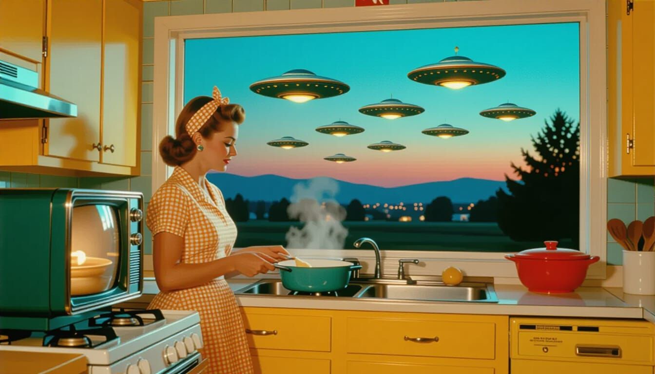 Mid-Century Housewife and UFOs in Vintage Photo